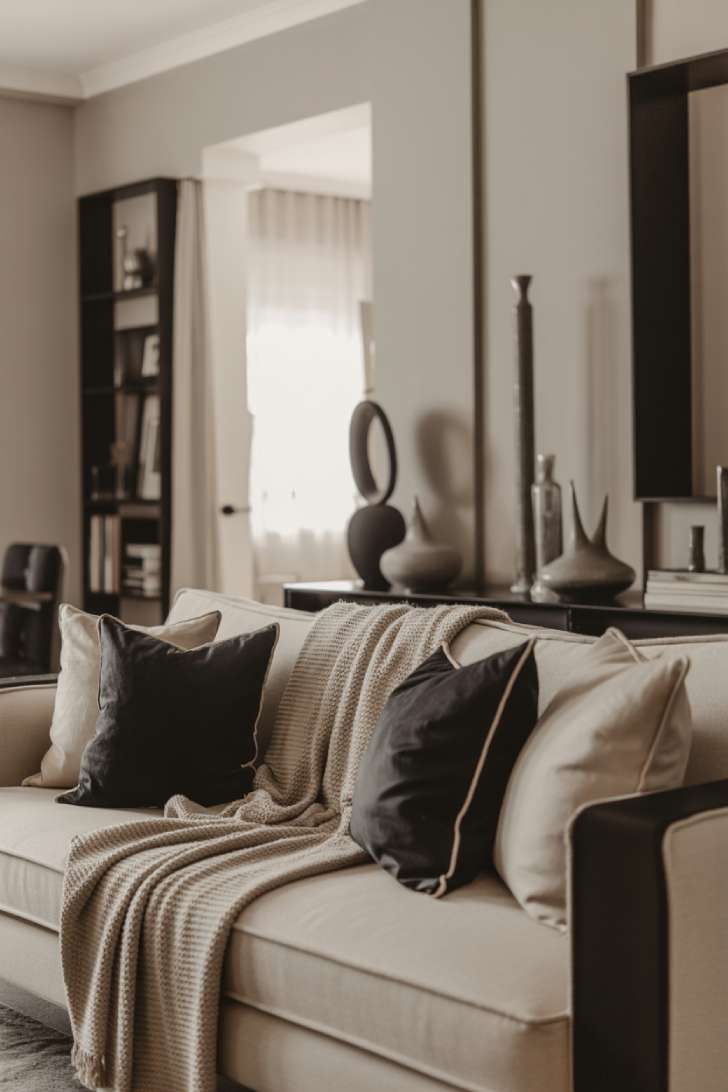 Simple Spaces 11 A neutral living room with black accents