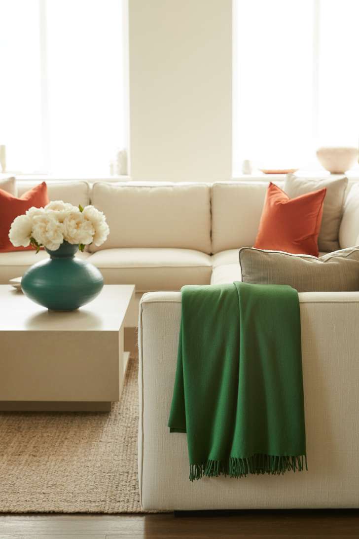 Ivory sectional with coral pillows, emerald blanket, turquoise vase with white peonies in a bright neutral living room