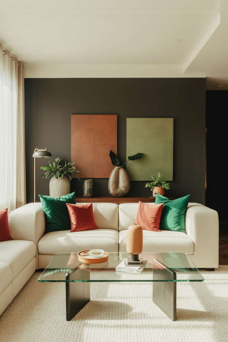 Cream sectional with emerald and coral pillows, charcoal accent wall with terracotta and sage artwork, brass floor lamp