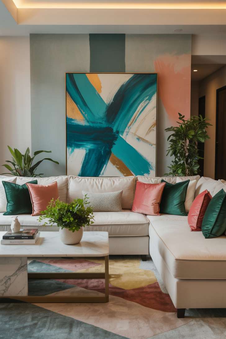 Cream sectional with emerald and coral pillows, white marble coffee table, turquoise and gold abstract painting on gray wall
