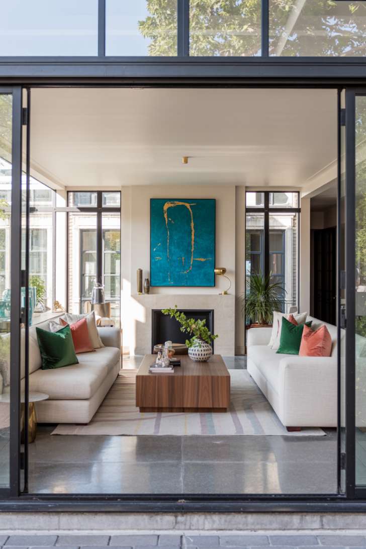 Cream sectional with emerald and coral pillows, floor-to-ceiling windows, turquoise and gold artwork above modern fireplace, geometric rug