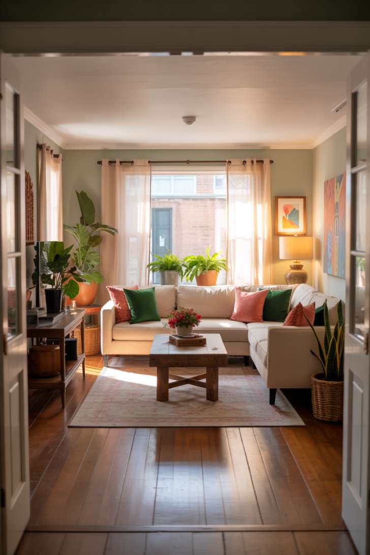 Cream sectional with emerald and coral pillows, rustic wooden coffee table, sheer curtains, warm afternoon light in a cozy small living room