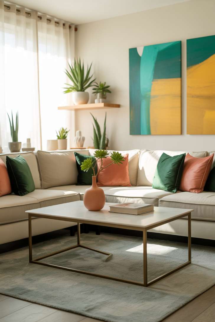 Cream sectional with emerald and coral pillows, white coffee table with brass base, gray rug, turquoise and mustard wall art, sheer curtains