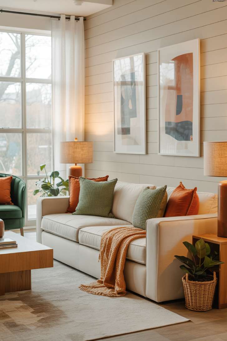 Cream sectional with sage and terracotta pillows, emerald accent chair, copper table lamps, white shiplap walls, abstract art in blue and sienna, woven plant baskets