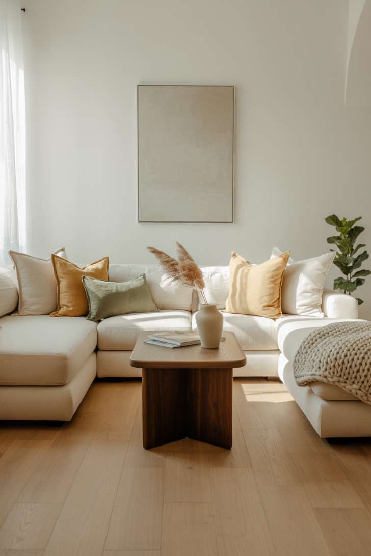 Neutral living room with cream sectional, walnut coffee table, and dried pampas grass arrangement