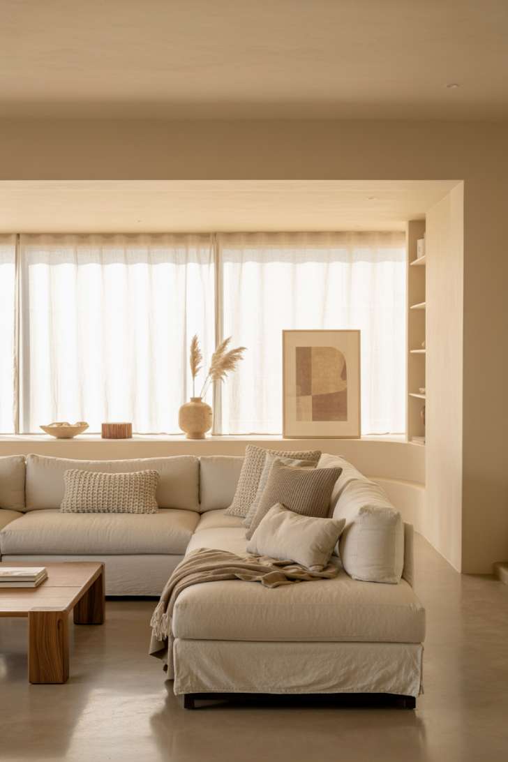 Minimalist space with beige sectional, natural wood coffee table, and geometric balance