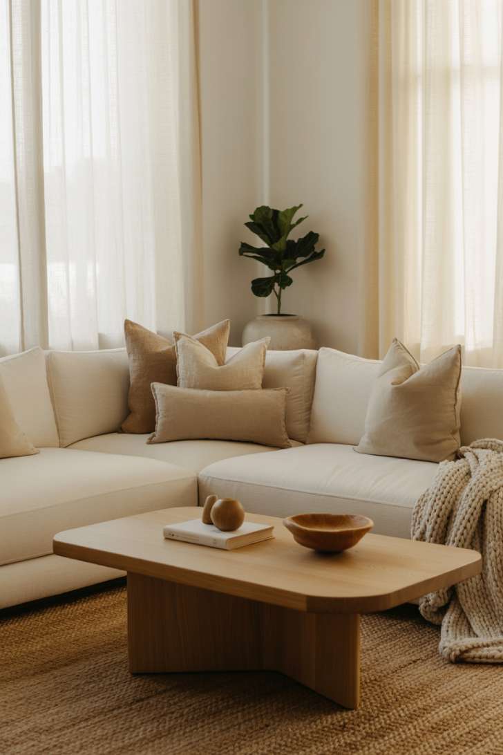 Simplistic living room with cream sofa, curved-edge oak table, and jute area rug