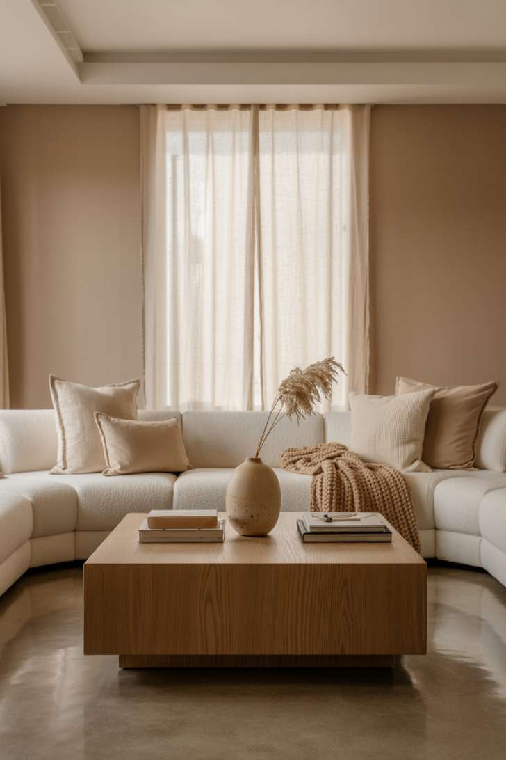 Neutral interiors featuring cream sectional, oak coffee table, and leather-bound books