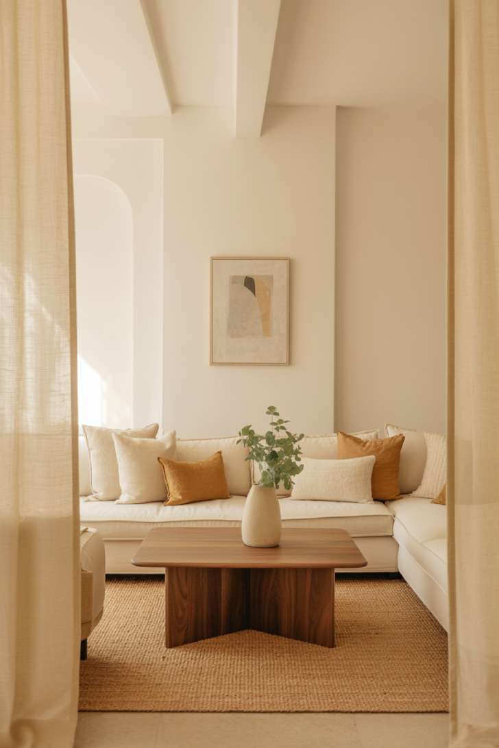Modern neutral lounge with cream sectional, walnut table, and sage green accents