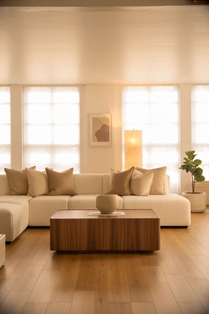 Clean design space with cream sofa, walnut table, and natural shadow patterns