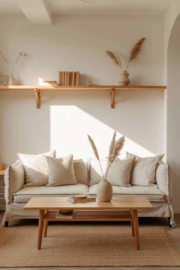 Minimalist interior with beige linen sofa, oak table, and wooden shelving