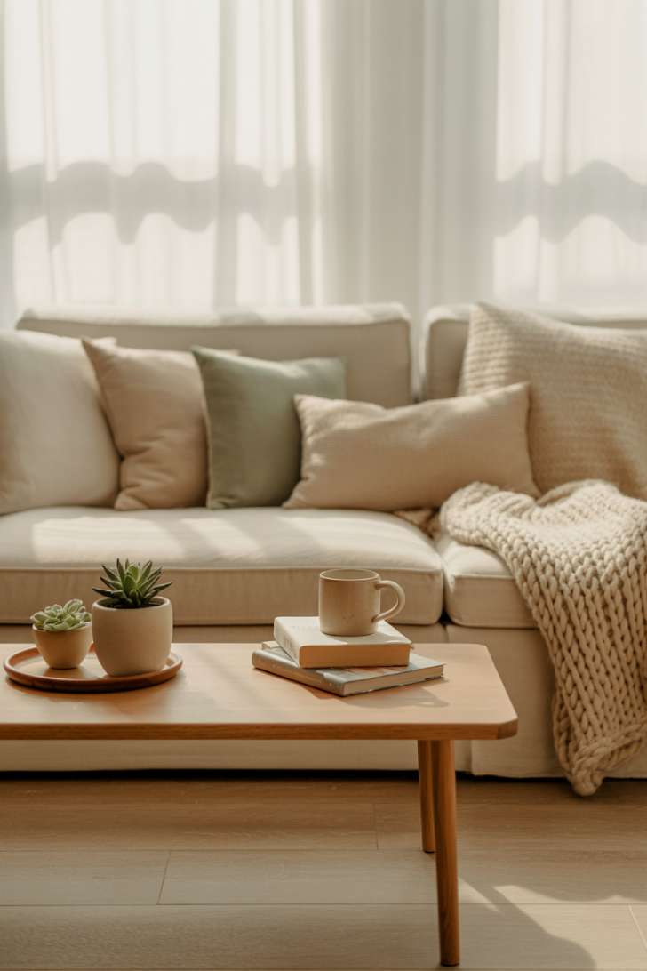 Neutral aesthetic living room with cream sofa, personal objects, and warm textures