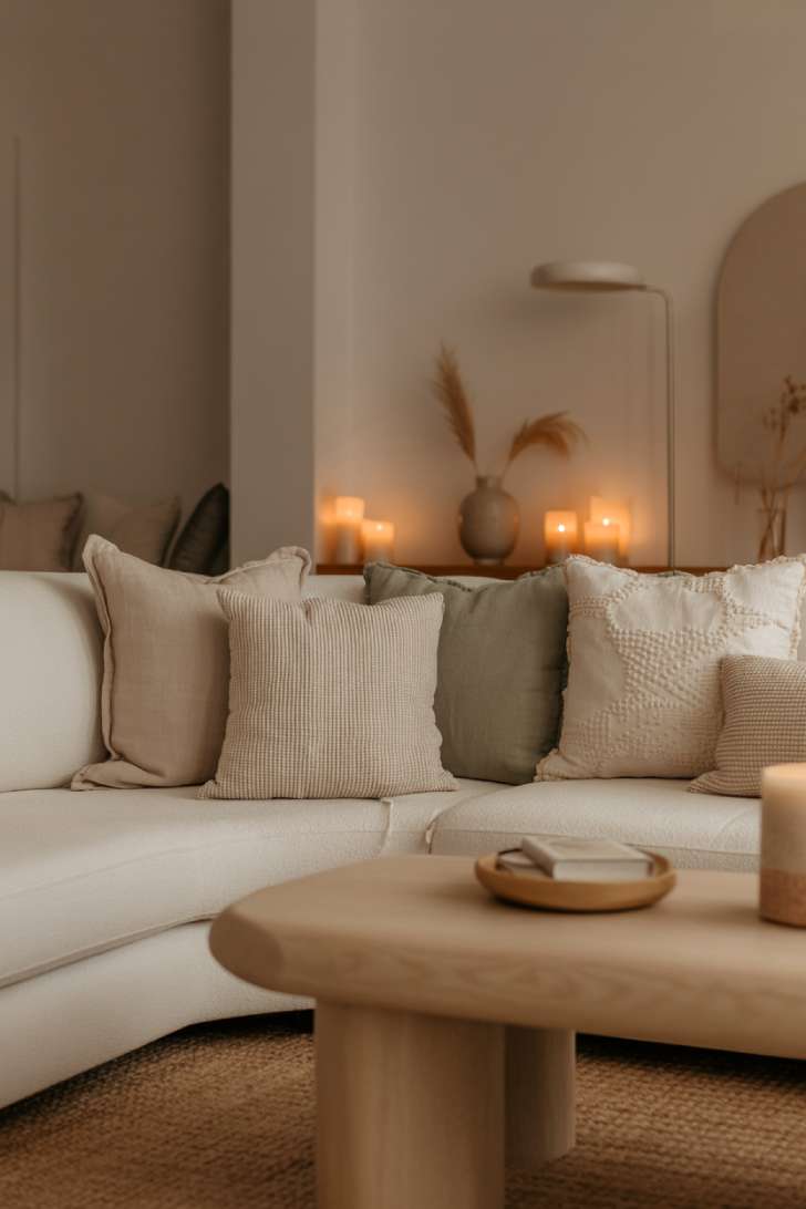 Neutral minimalist living room with cream sectional, ambient lighting, and pillar candles