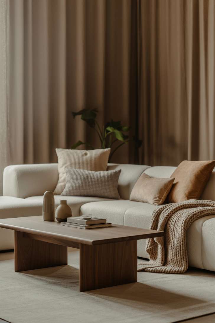Simplistic living room with cream sectional, gray pillows, and diffused natural light