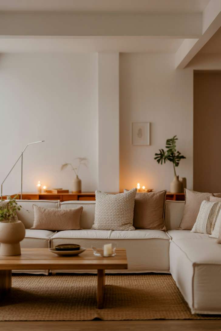 Neutral minimalist living room with cream sofa, woven jute rug, and candle lighting