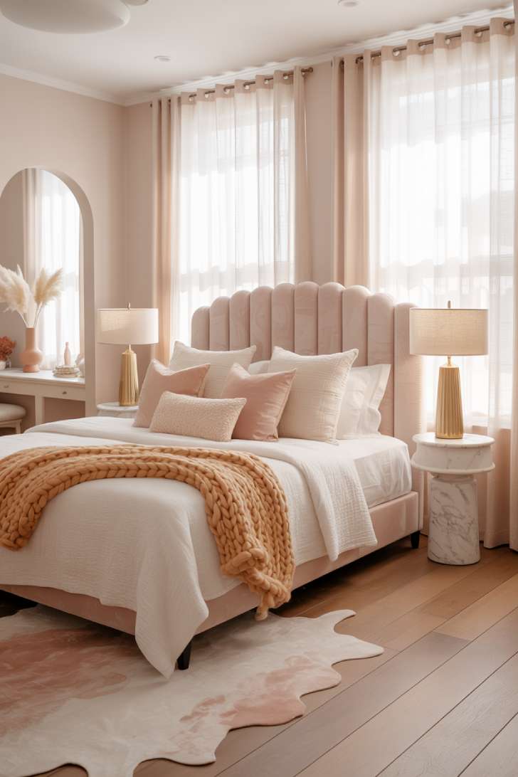 Blush velvet upholstered bed with ivory linen curtains and marble nightstands in a warm pink master bedroom