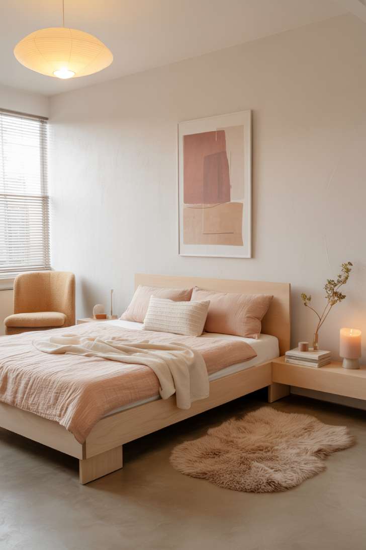 Low platform bed in blonde ash wood with washed blush linen duvet and abstract art in a minimalist Scandinavian bedroom