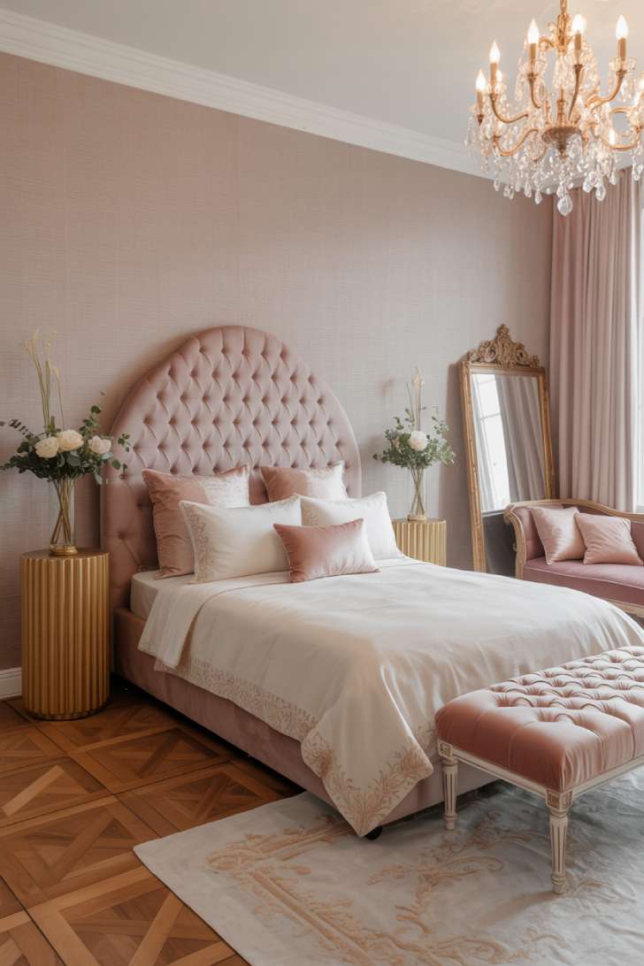 Dramatic tufted mauve velvet bed with crystal chandelier and ivory satin drapes in a Hollywood Regency bedroom