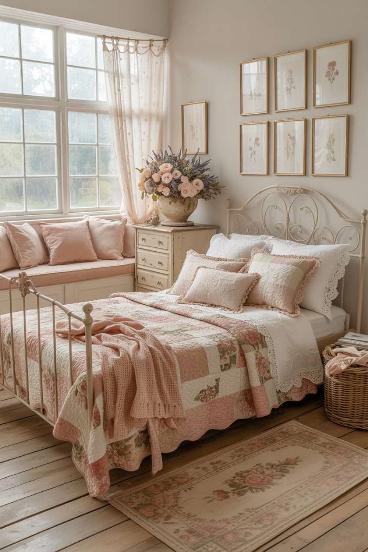 Antique white iron bed with vintage rose patchwork quilt and dried flower arrangements in a cottage-core bedroom