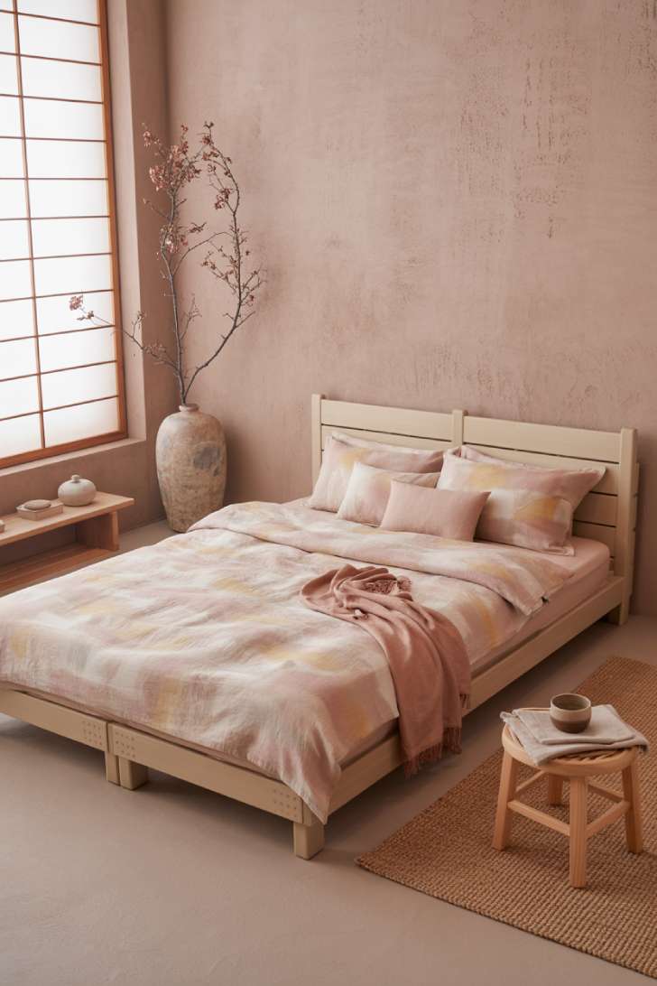 Low futon-style bed in pale oak with organic linen bedding and dried cherry blossoms against a textured pink clay plaster wall
