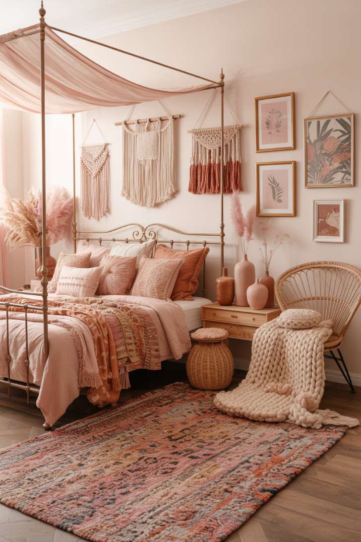 Antique gold iron canopy bed draped in blush and ivory sheers with a Moroccan rug and eclectic gallery wall in a bohemian bedroom