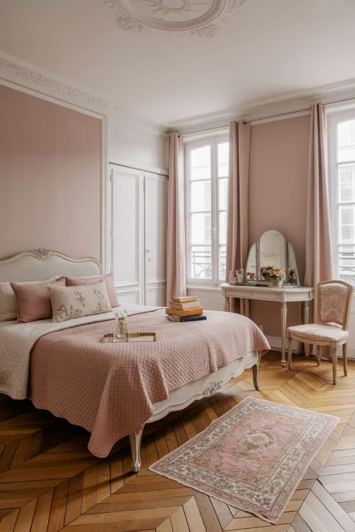 Carved antique white bed with quilted dusty rose coverlet, Persian rug, and tall French windows in a Parisian-style bedroom