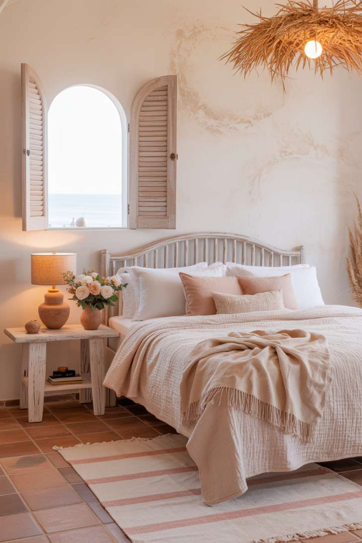 Whitewashed driftwood slatted bed with cotton percale bedding and terracotta tiles in a Mediterranean coastal bedroom