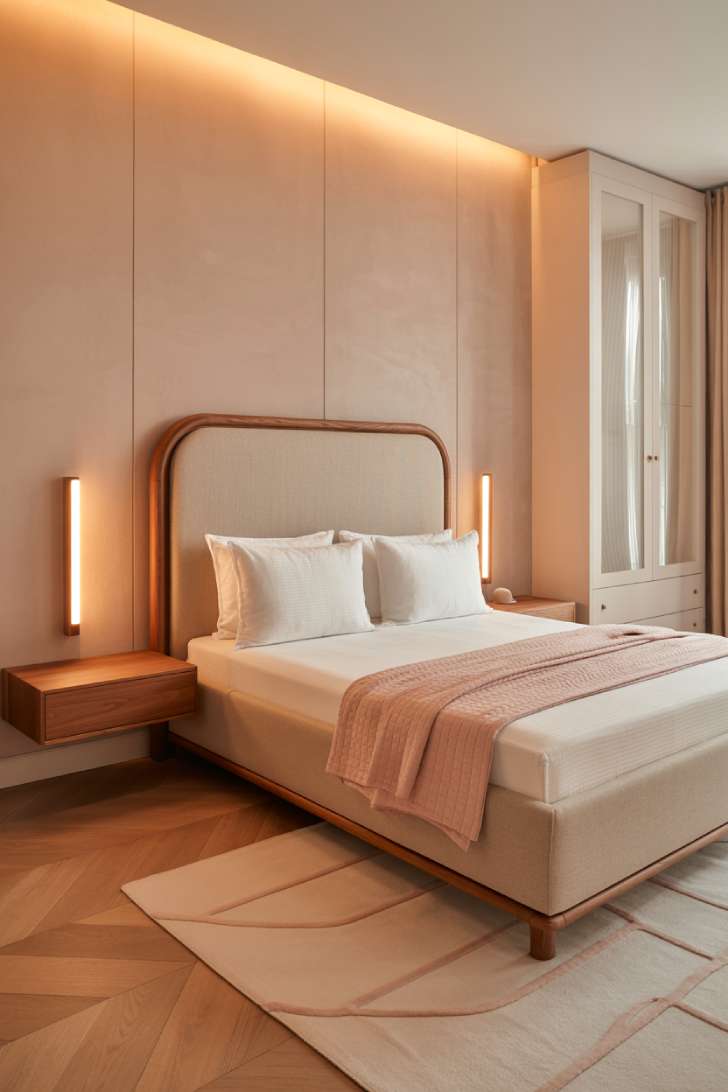 Bespoke curved walnut-trimmed bed with bouclé headboard panel, micro-cement plaster walls, and cove lighting in a luxury hotel-style bedroom