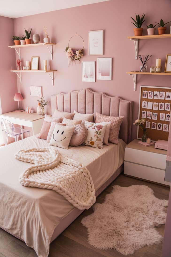 Blush velvet tufted bed with floating wooden shelves, fairy lights, and a corkboard desk corner in a youthful modern bedroom