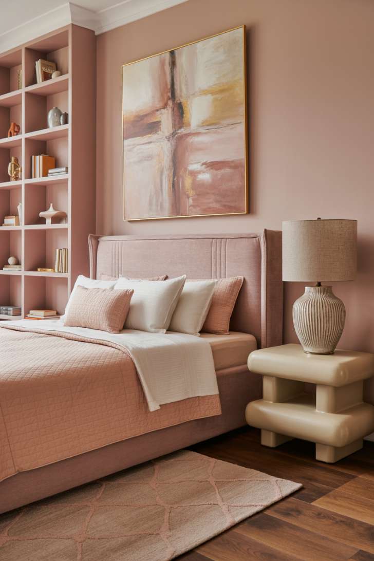 Wide low-profile mauve upholstered bed with abstract oil painting, floor-to-ceiling blush bookcase, and walnut herringbone floors in a sophisticated master bedroom