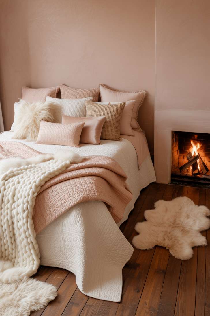 King bed with chunky knit throw, velvet and boucle pillows, and a crackling fireplace in a cozy winter bedroom with pink clay walls