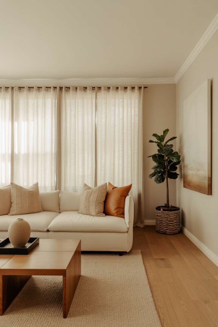 A modern neutral living room with a cream sectional sofa, wooden coffee table, and floor-to-ceiling linen curtains bathed in natural light