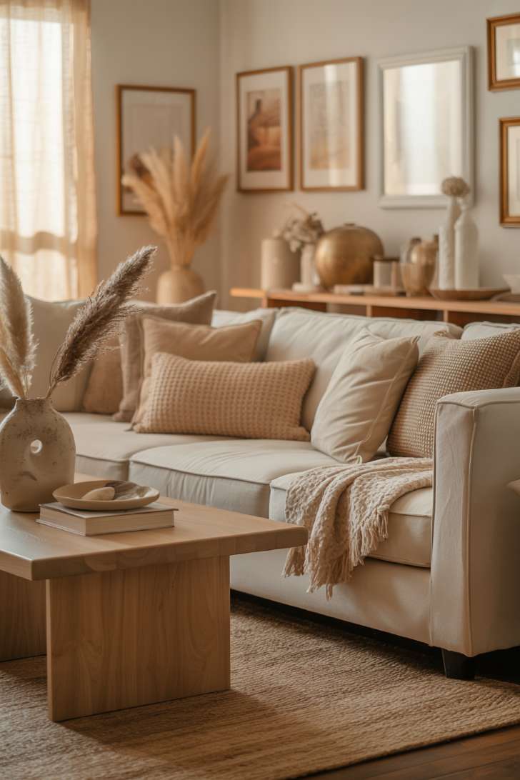 A warm living room with a cream sectional, gallery wall in earth tones, jute rug, pampas grass in a ceramic vase, and a chunky knit throw
