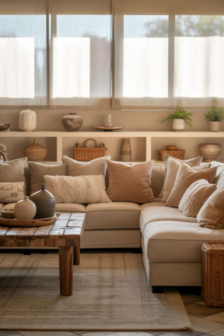 A neutral-toned living room with a beige sectional, geometric area rug, built-in shelving with ceramic vases and woven baskets, and diffused natural light