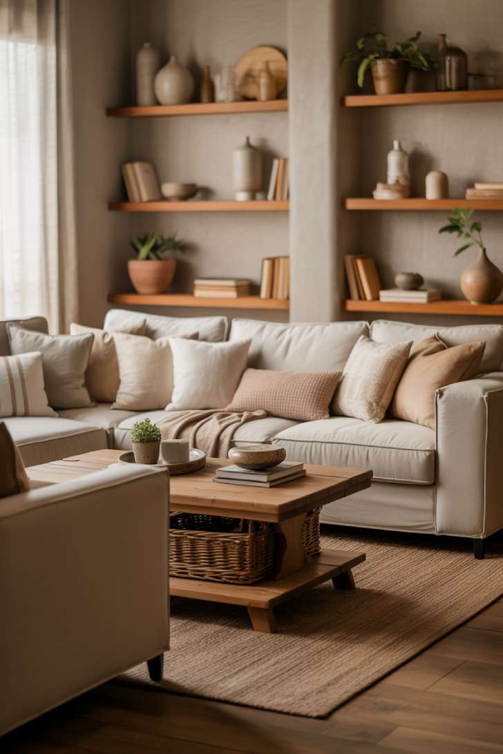 A warm living room with a beige sectional, jute rug over warm wooden floors, built-in shelving with terracotta pots and books, and sheer curtains