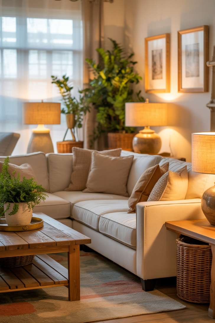 A cozy living room with a cream sectional, linen-shade table lamps, woven baskets, green potted plants, and a muted earth-tone area rug