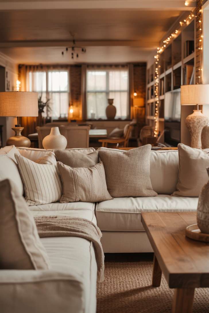 A cozy living room with a cream sectional, exposed brick accent wall, built-in shelving with string lights, jute rug, and sheer curtains