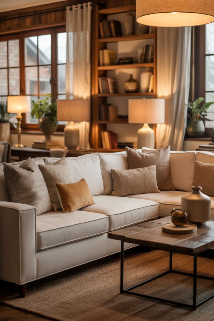 A stylish living room with a cream sectional, brass-accented coffee table, linen table lamps, pendant lighting, and muted gold throw pillows