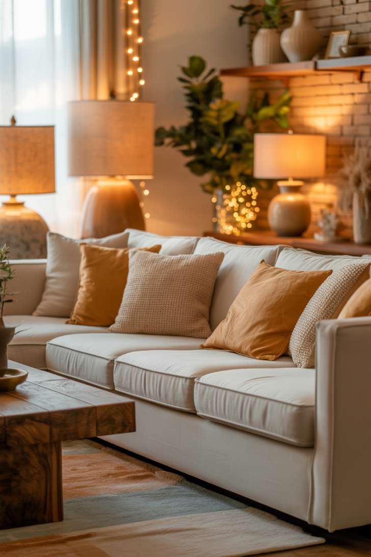 A stylish living room with a cream sectional, exposed brick wall, floating wooden shelves with plants and ceramic vases, and golden hour sunlight through sheer curtains