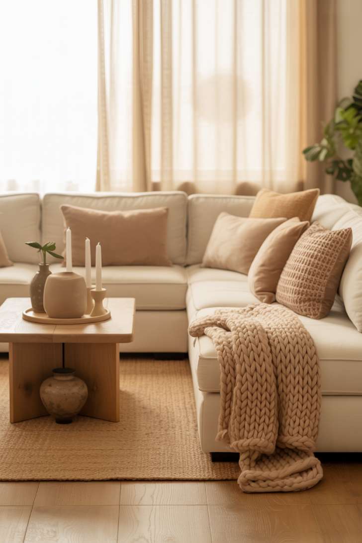 A stylish living room with a cream sectional, chunky knit blanket, natural wood coffee table centered on a jute rug, candles, and diffused light through sheer curtains