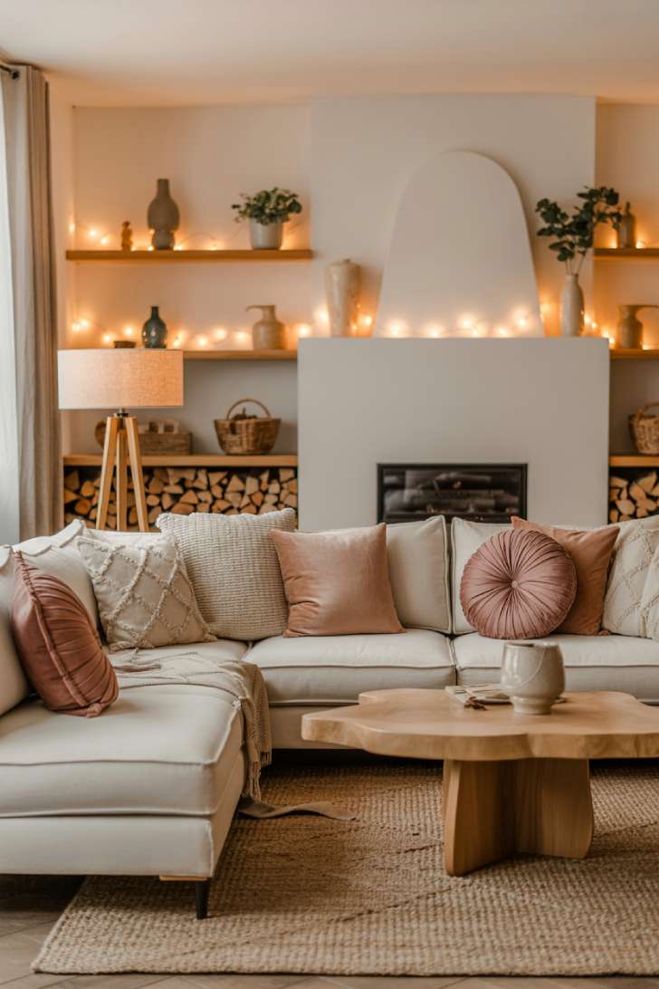 A stylish living room with a cream sectional, dusty rose and taupe throw pillows, organic wood coffee table, fireplace with stacked firewood, floating shelves, and string lights