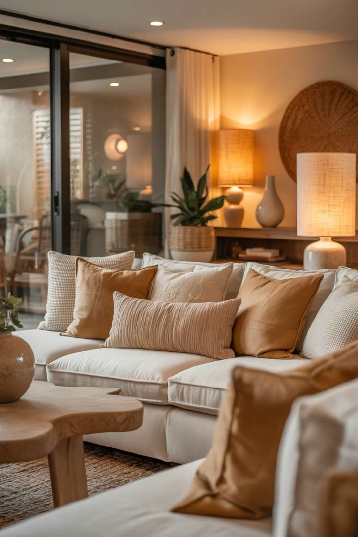 A stylish living room with a cream sectional, camel throw pillows, recessed lighting, floor-to-ceiling windows, woven wall art, and potted plants in woven baskets