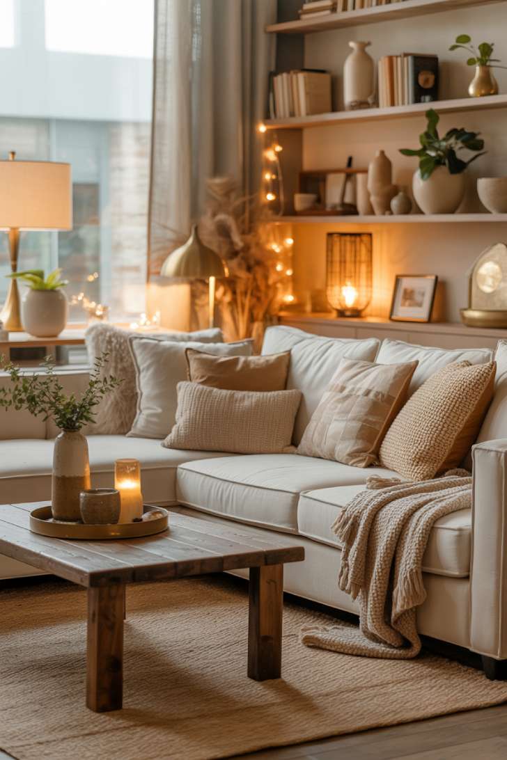 A stylish living room with a cream sectional, reclaimed wood coffee table, brass table lamps, string lights on built-in shelving, jute rug, and sheer curtains
