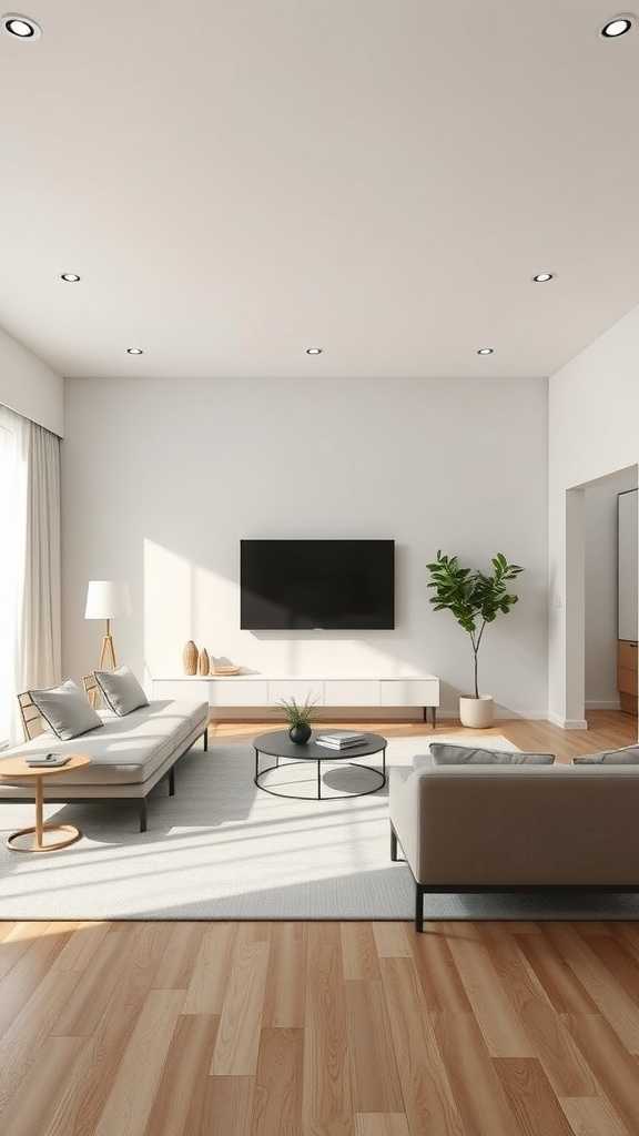 A modern minimalist living room featuring neutral colors and simple decor.