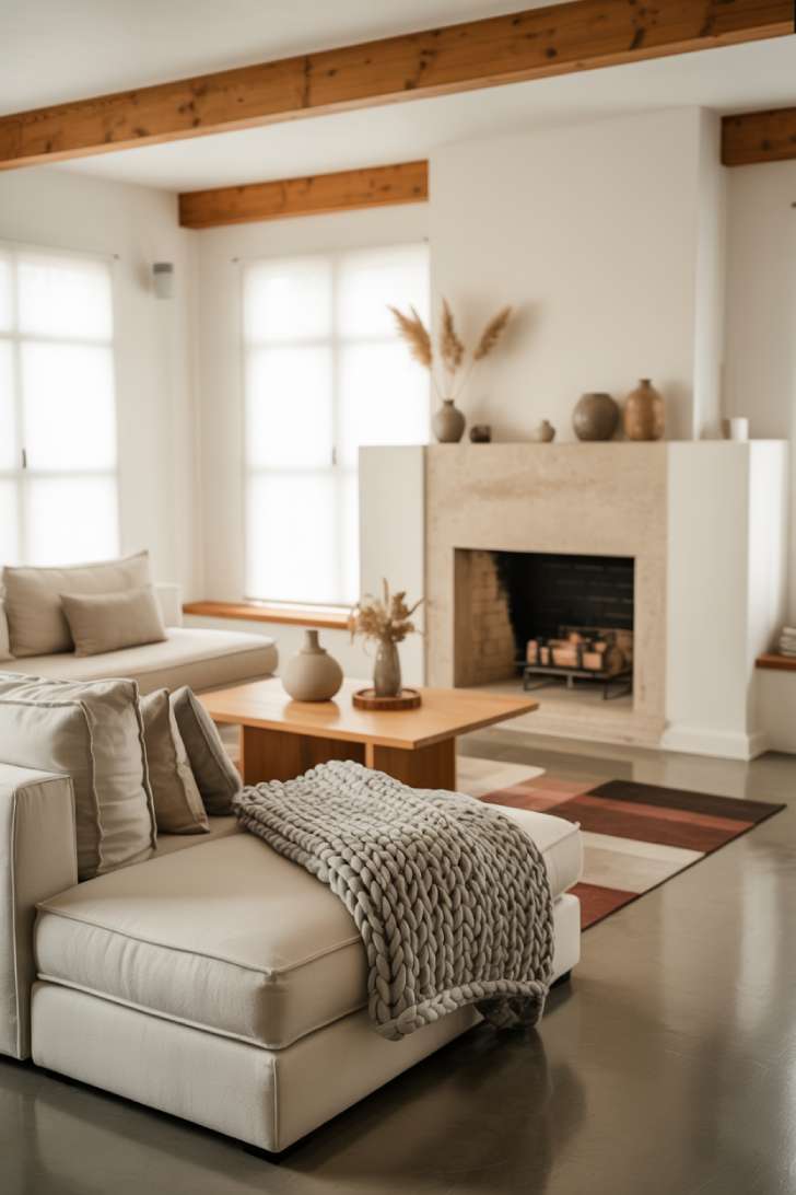 23 Stunning Nordic Living Room Ideas for Warm Home Style 5 Nordic room with natural wood ceiling beams and concrete floors