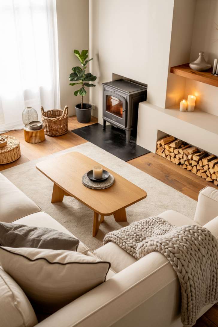 23 Stunning Nordic Living Room Ideas for Warm Home Style 6 Scandinavian living area with black wood stove and stacked birch logs