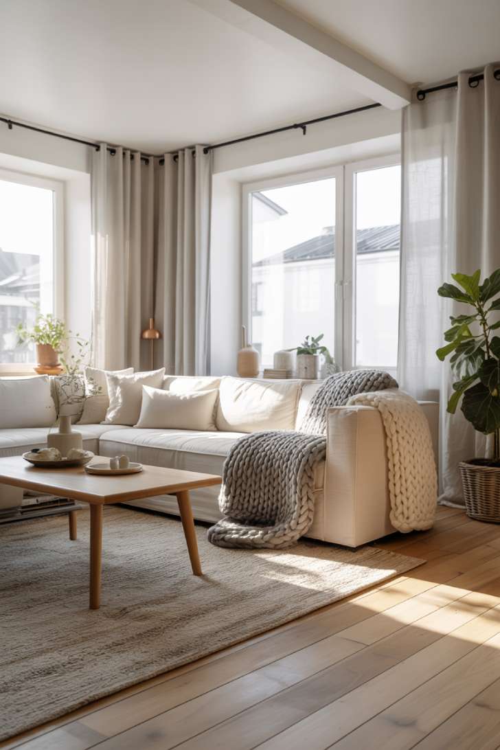 23 Stunning Nordic Living Room Ideas for Warm Home Style 7 Nordic design with copper pendant lights and abundant natural light