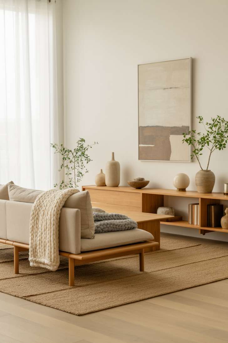 23 Stunning Nordic Living Room Ideas for Warm Home Style 23 Nordic room with abstract earth-tone artwork and jute geometric rug