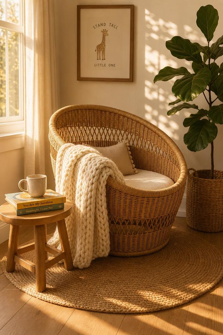 13 Lovely Nursery Reading Nook Ideas for Any Room Size 1 Woven rattan bassinet chair with chunky knit blanket in a warm nursery corner with afternoon sunlight