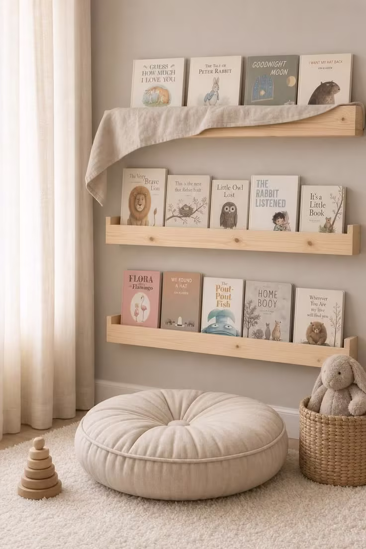 13 Lovely Nursery Reading Nook Ideas for Any Room Size 2 Pine floating picture ledge shelves at toddler height with forward-facing books and linen dust cover in a nursery